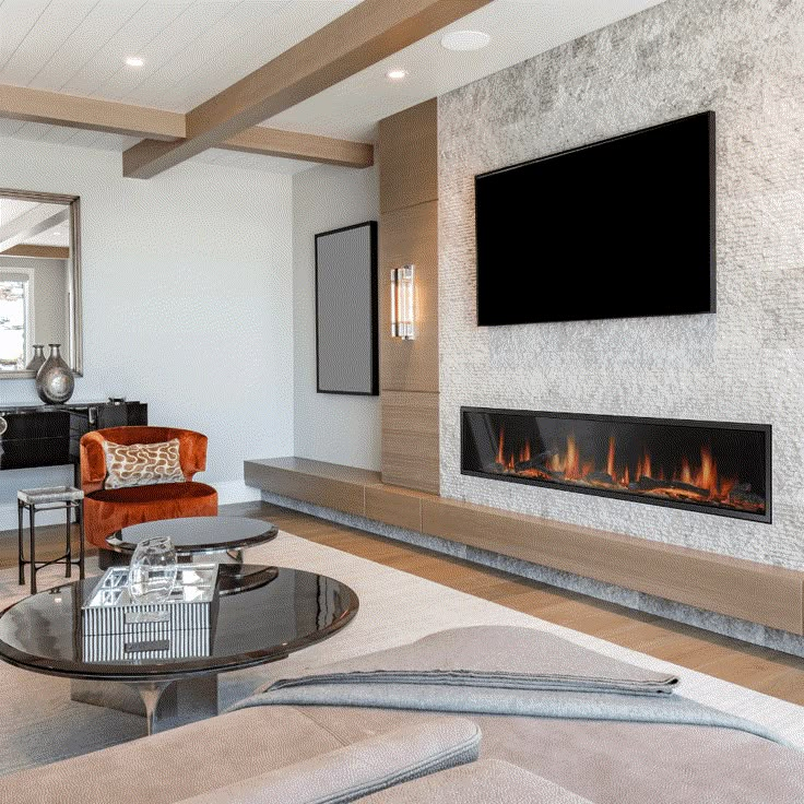 a modern living room with a fireplace and flat screen tv mounted above the fire place