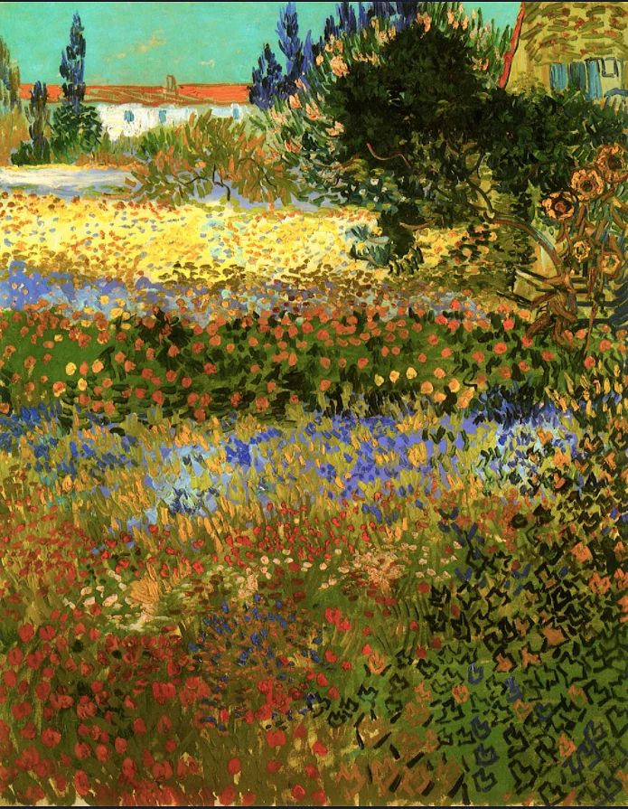 a painting of flowers and trees in a field