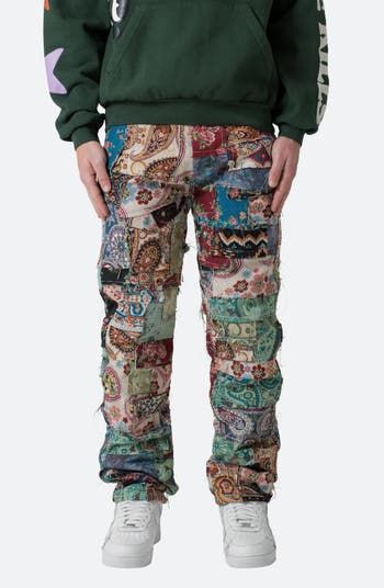 Patterned Cotton Pants With Pockets, Multicolor Patchwork Relaxed Fit Bottoms, Multicolor Cotton Pants With Patch Pockets, Multicolor Patchwork Straight Leg Bottoms, Multicolor Straight Leg Bottoms With Patchwork, Multicolor Straight Leg Patchwork Pants, Multicolor Straight Leg Pants With Patchwork, Multicolor Patchwork Straight Leg Pants, Straight Leg Bottoms With Patches For Fall