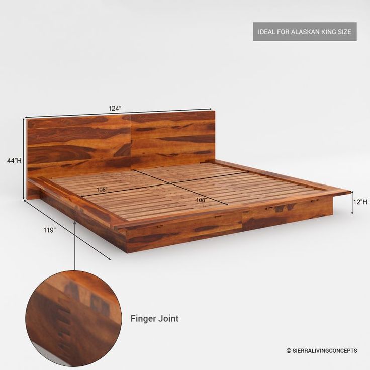 the bed frame is made out of wood and has measurements for each side, including the headboard