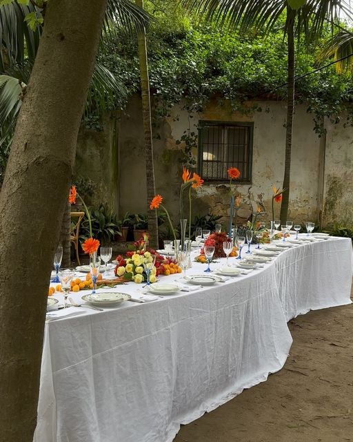 a long table is set up with plates and glasses for an outdoor dinner or party