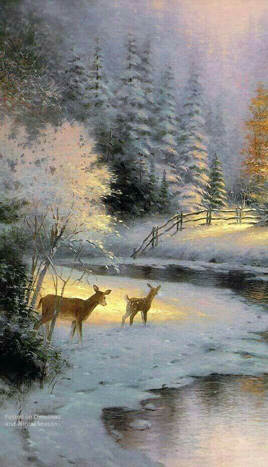 two deer standing in the snow by a river