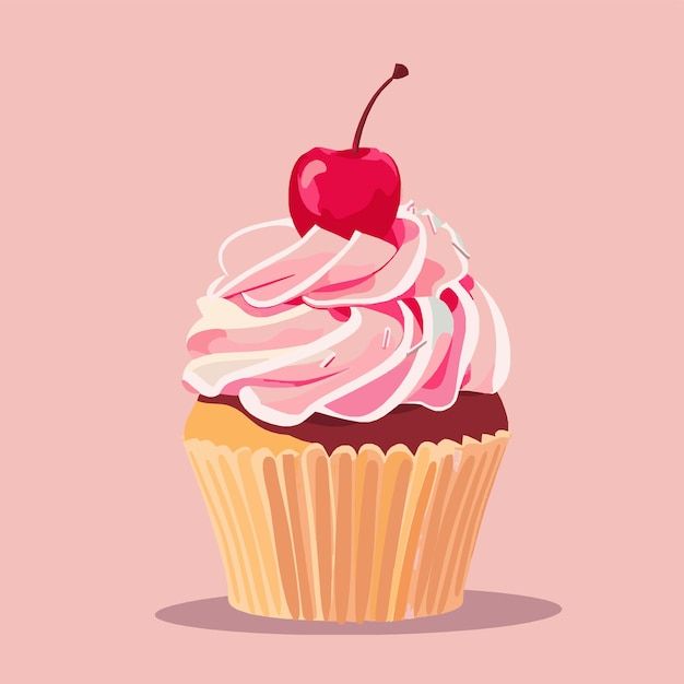 a cupcake with pink frosting and a cherry on top, against a pink background