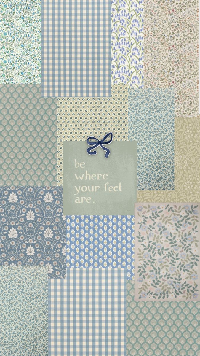 a patchwork quilt with blue and white designs on it, saying be where your feet are