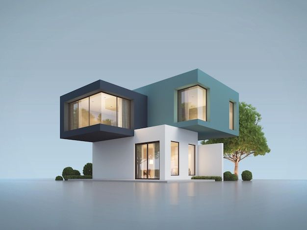 two houses with trees in front of them on a plain surface, one is blue and the other is white