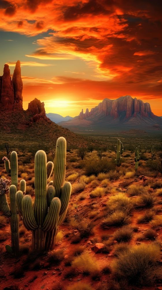 a desert scene with cactus and mountains in the background