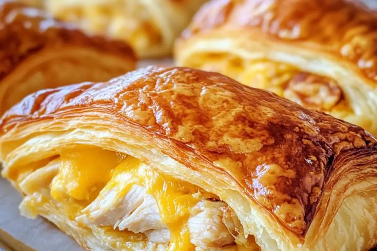 two croissants with chicken and cheese on them