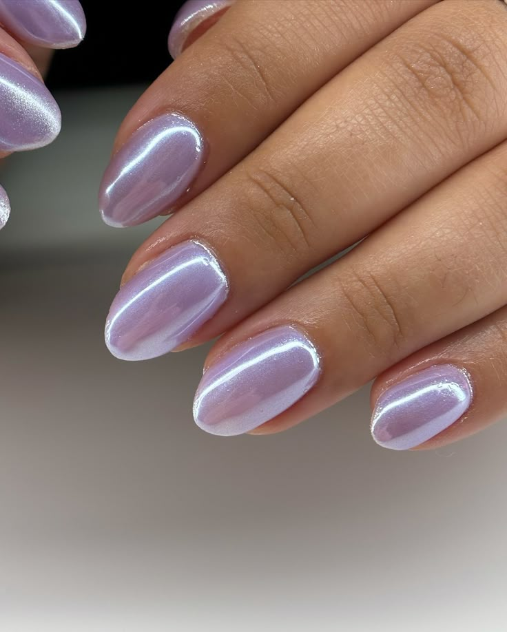 idk how i haven’t done this color before?? we used an iridescent purple from @vbeautypure with white chrome over! so contemplating doing this for me next set 🤭 gel overlay using @luminary_nail_systems multi-flex base in clarity purple base is 067 from @vbeautypure 💜 #nails #nailart #nailsofinstagram #manicure #nailsoftheday #gelnails #beauty #nailsart #nail #nailsdesign #naildesign #vbeautypure #nailtech #nailstagram #naildesigns #apresgelx #nailstyle #nailsnailsnails #nailartist #nailpoli... Cute Hoco Nails For Purple Dress, Nails For Light Purple Dress, Lavender Purple Chrome Nails, Light Purple With Chrome Nails, Iridescent Nail Ideas, Chrome Nails Lavender, Icy Purple Nails, Purple Chrome Aesthetic, January Chrome Nails