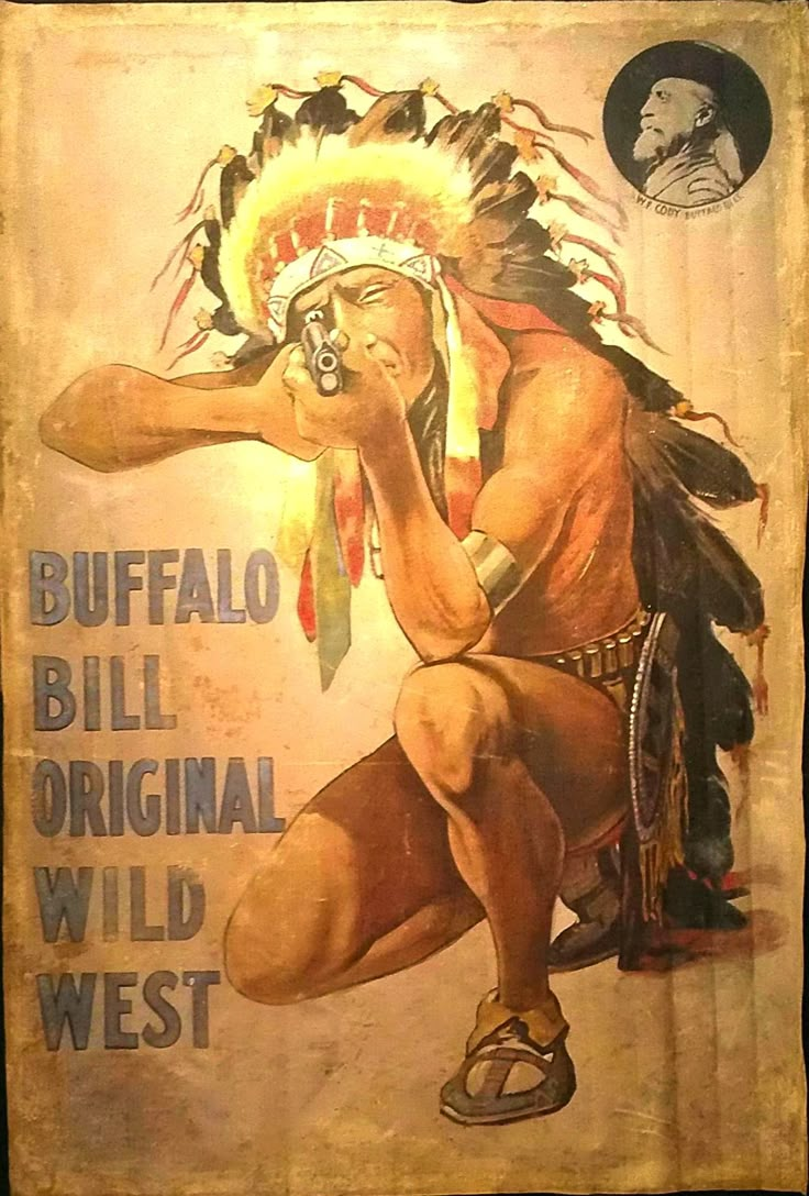 an old poster with a native american man holding his hand up to his face and the words buffalo bill original wild west on it