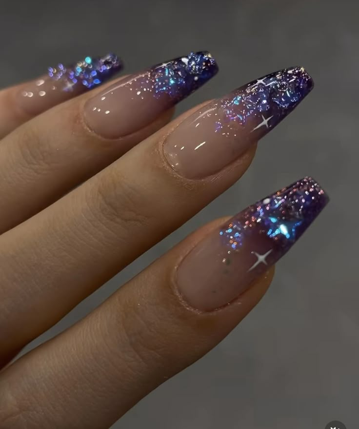 New Year’s Eve Nails Design Coffin, Extravagant Purple Nails, Acrylic Nail Designs Jewels, Dark Nye Nails, Nye Nails Glitter, Aurora Borealis Nails Design, Dark Purple Silver Nails, Glittery French Manicure, Jewel Tone Wedding Nails