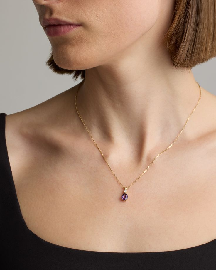 Elevate your style with our unique two-stone drop pendant, showcasing a stunning natural round diamond paired with a vibrant semi-precious pear shape gemstone of your choice. Crafted in luxurious 14k gold, this pendant offers an adjustable length for a perfect fit. Make a statement that reflects your individuality and elegance with this exquisite piece.  | Quince | Women's 14K Gold Diamond & Semi-Precious Gemstone Drop Necklace in Yellow Gold Swiss Blue Topaz, Drop Necklace, Drop Pendant, Diamond Clarity, Pear Shape, Quince, Semi Precious Gemstones, Gemstone Pendant, Round Diamond