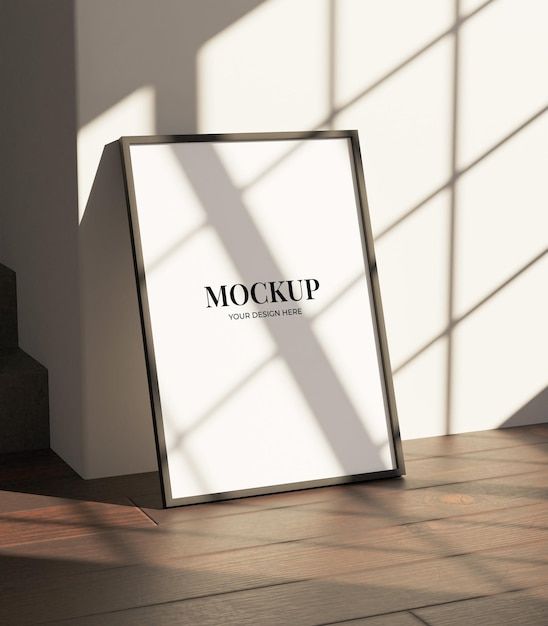 a mock up sign sitting on the floor next to stairs