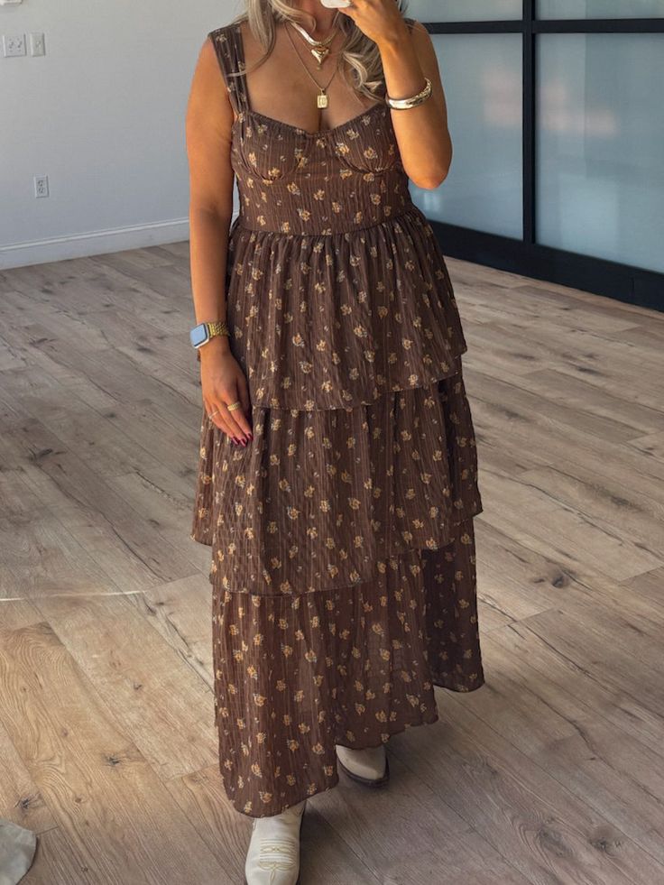 Serena Tiered Dress | Brown Floral Brown Pattern Dress, Brown Floral Dress, Ruffle Tiered Dress, Skirt Model, Tiered Ruffle Skirt, Tiered Midi Dress, Dress Inspo, Brown Floral, Brown Dress