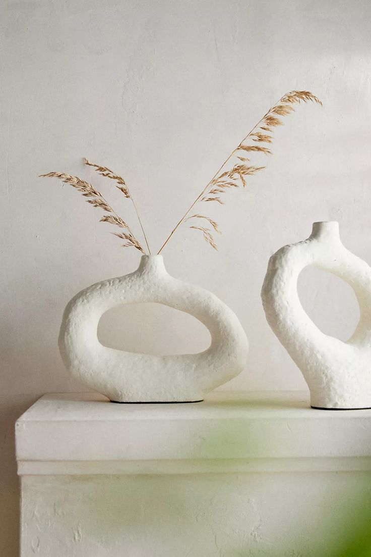 two white vases sitting next to each other on top of a shelf with plants in them