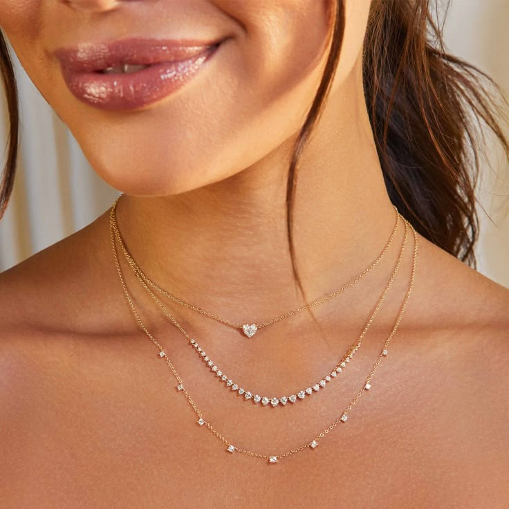 The Full Cut Diamond Heart Choker Necklace is the little sister to the Diamond Heart Solitaire Necklace, but shines just as bright. Featuring 0.26 carats of full cut diamond, this necklace is simply heartwarming. Stacking Diamond Necklaces, Unique Diamond Necklaces, Pendant Ideas Gold, Gold And Diamond Choker, Diamond Necklace Dainty, Graduated Diamond Necklace, Gold Chain With Diamonds, Custom Diamond Necklace, Layered Chains Gold