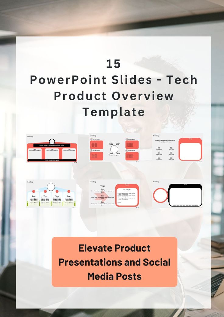 a woman is using her phone while sitting at a desk with the text 15 powerpoint slides - tech product overview template