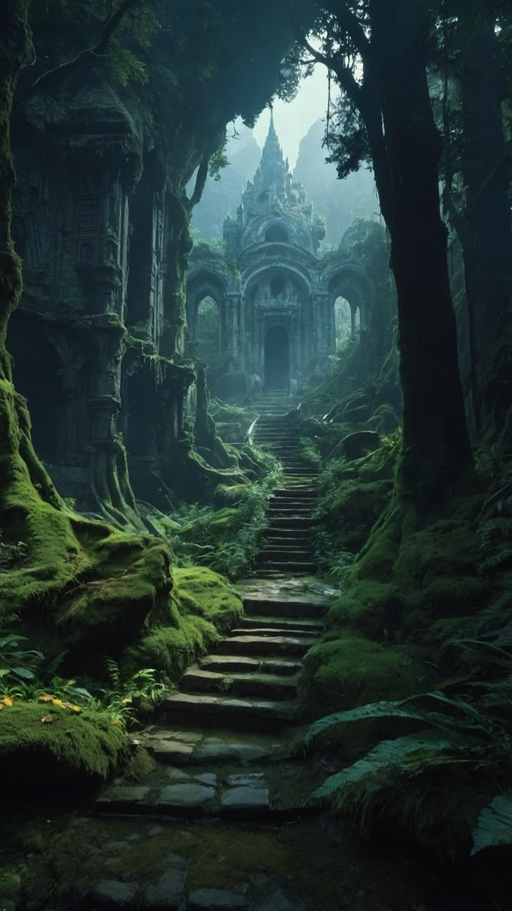 a forest scene with mossy steps leading up to an old building in the distance