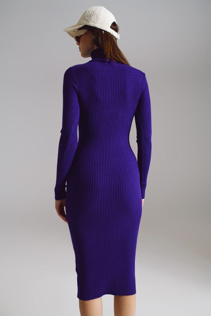 Elevate your daily style with our Midi Bodycon Knitted Dress featuring a sophisticated turtle neck in a lovely shade of purple. This midi dress offers a bodycon fit, making it a comfortable and fashionable choice for your daily activities.  Crafted from ribbed knit with a blend of 40% viscose, 30% polyester, and 30% nylon, this dress combines softness and stretch for a luxurious feel against your skin.  The model is wearing size U, with measurements 35-24-35 and a height of 5'11''. Our Midi Body Turtleneck Midi Dress, Dress Neck, Dress Collar, Knitted Bodycon Dress, Modern Trend, Sweater Dress Midi, Perfect Wardrobe, Knitted Dress, Turtle Neck Dress