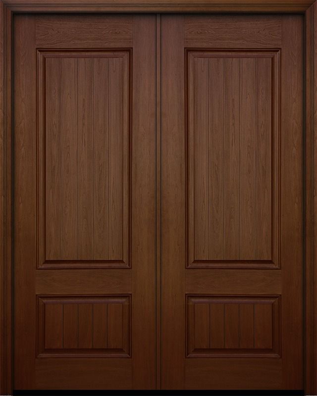 two wooden doors with sidelights on the front and side panels, both in dark wood