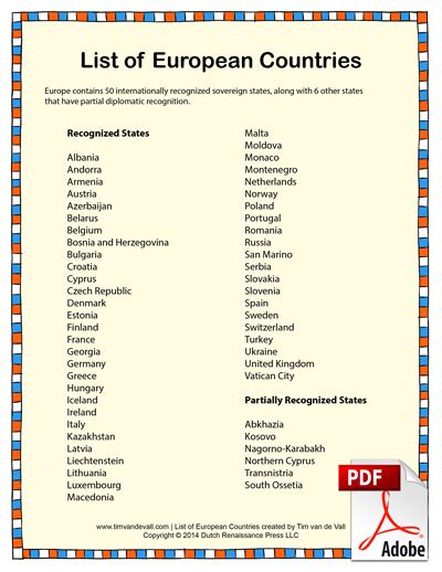 a list of european countries with the names and abbreviations in red, white, blue, and orange