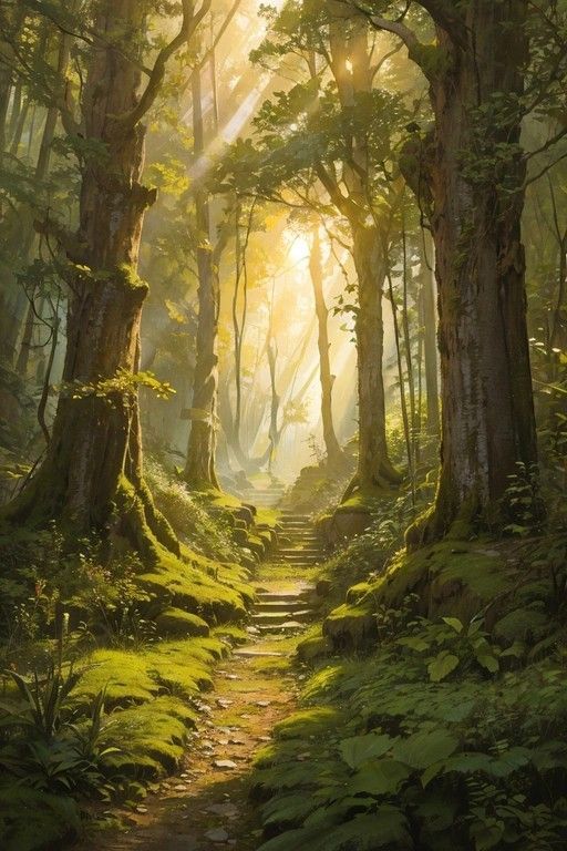 the sun shines through the trees and leaves on this path in a forest filled with ferns