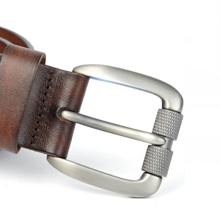 Put a stylish spin on your ensemble with the Effentii Vintage Men's Leather Belt! This premium accessory features classic leather construction, perfect for adding an air of sophistication to any outfit. With its timeless look and signature quality, this belt makes for a unique and eye-catching addition to your wardrobe. Get ready to make an impression! Finely crafted with quality leather, and care in every detail - this belt looks amazing paired with jeans or khakis, and is the perfect addition Classic Leather Belt With Metal Pin Buckle, Modern Leather Belt With Metal Pin Buckle, Business Leather Belt Buckles With Metal Pin, Classic Brown Belt Buckles With Silver Buckle, Brown Leather Belt Buckle With Metal Pin, Leather Belt Buckles With Metal Pin For Business, Modern Leather Belt With Silver Buckle, Masculine Leather Belt Buckles For Business, Business Leather Belt Buckles