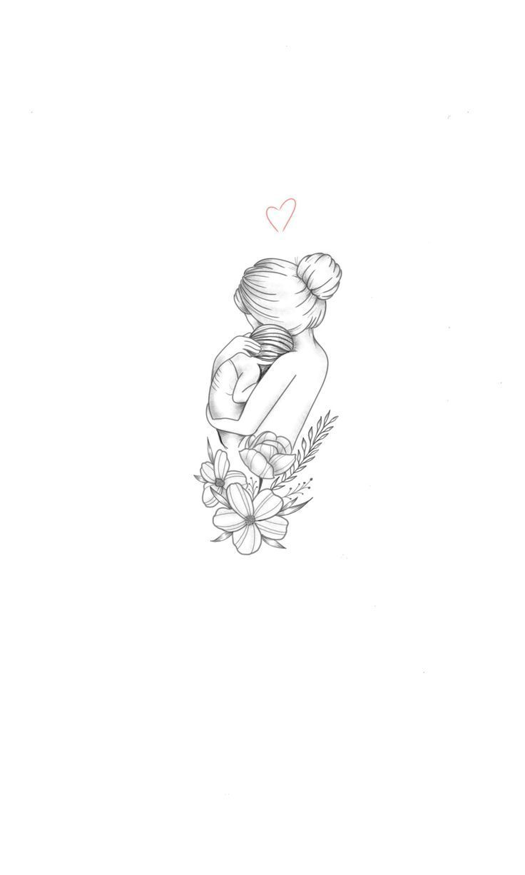 a black and white drawing of a woman holding a baby in her arms with a heart above her head