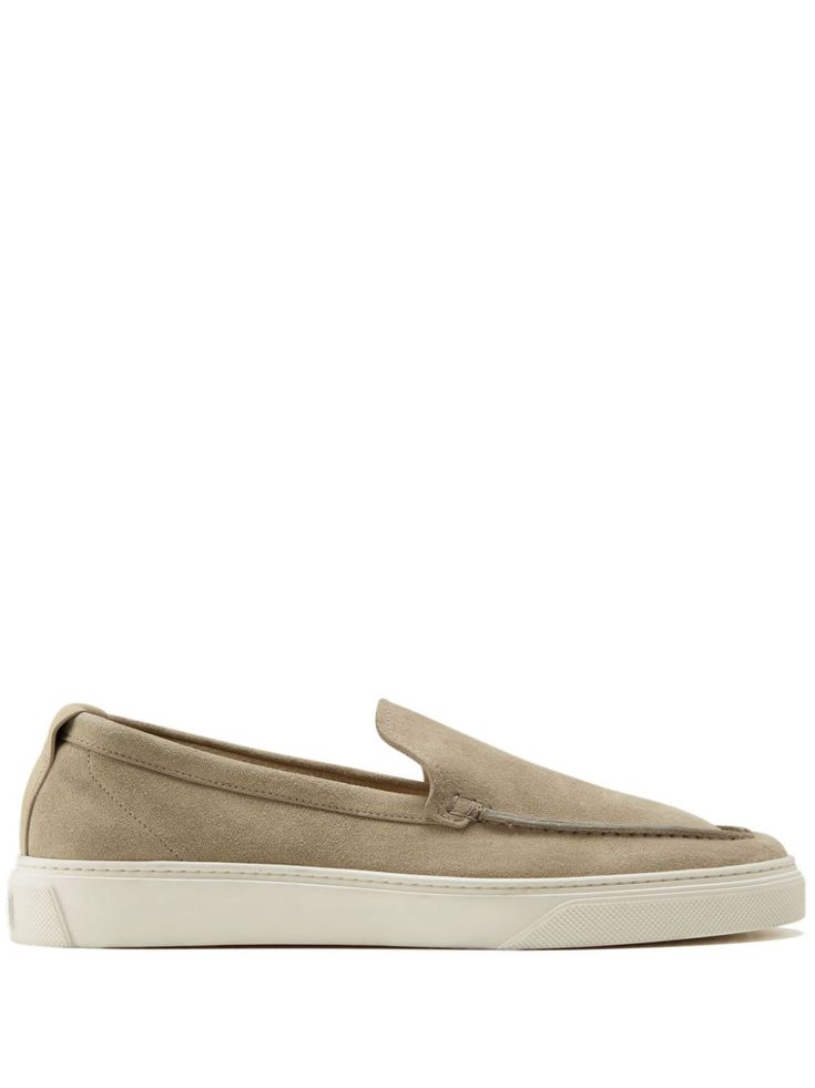 beige calf suede round toe slip-on style branded insole flat rubber sole Classic Suede Sneakers With Flat Heel, Beige Plain Toe Loafers With Rubber Sole, Classic Suede Flat Sneakers, Modern Beige Loafers With Leather Sole, Suede Sneakers With Textured Sole And Almond Toe, Elegant Low-top Slip-ons With Textured Sole, Beige Suede Loafers With Rubber Sole, Casual Loafers With Contrast Sole In Calf Leather, Suede Almond Toe Loafers With Rubber Sole