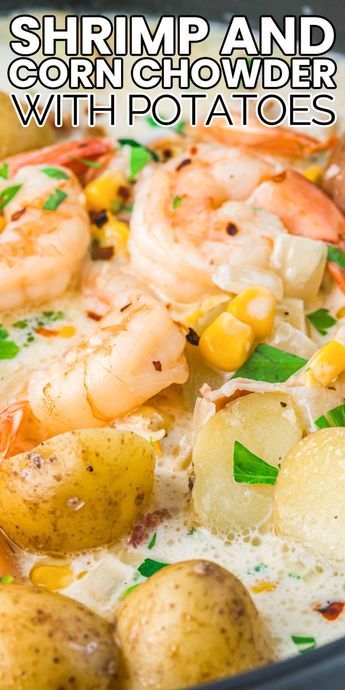 shrimp and corn chowder with potatoes in a bowl