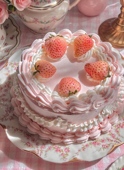 there is a cake with strawberries on it and pink flowers in the vases