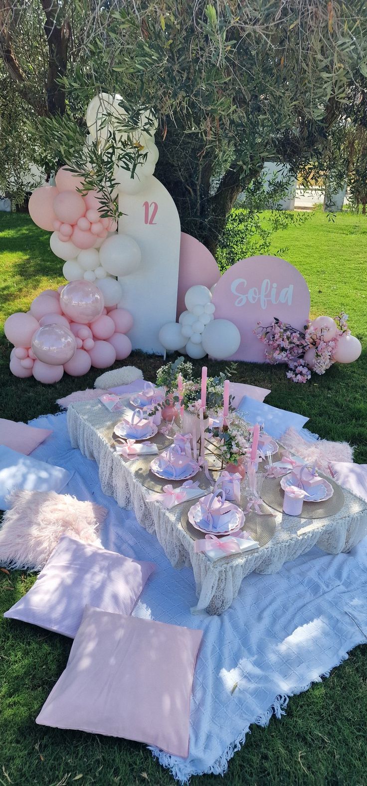 a table set up in the grass with balloons and decorations