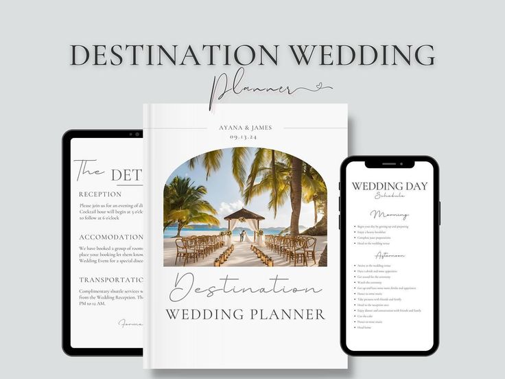 the destination wedding planner is displayed next to an iphone and tablet computer with it's screen open