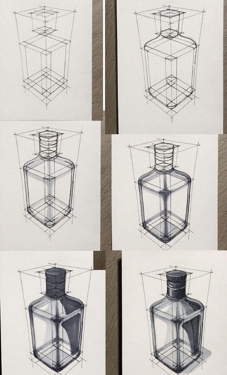 four drawings of different shapes and sizes of bottles