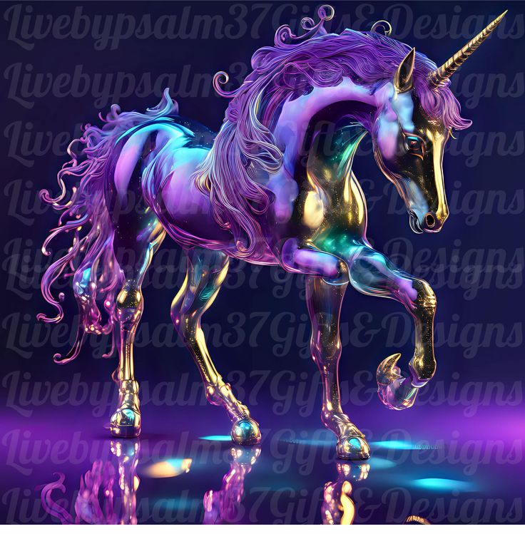 a purple and blue unicorn statue on a reflective surface