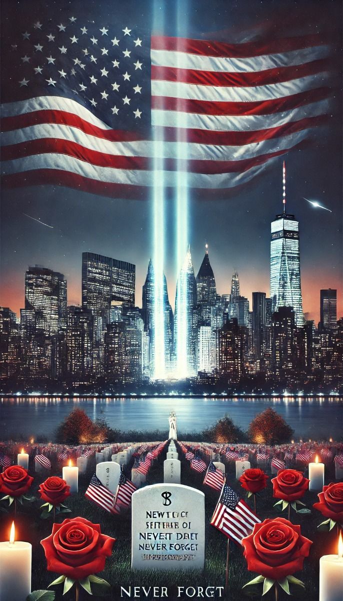 an american flag and two candles in front of a cityscape with the words never forget