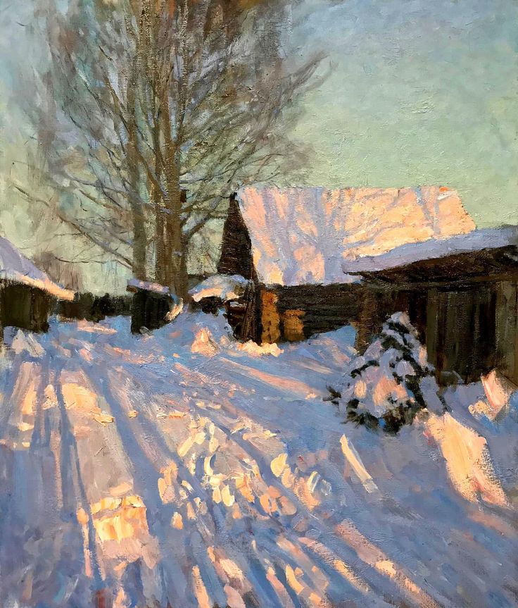 an oil painting of a snow covered country road with a barn and trees in the background