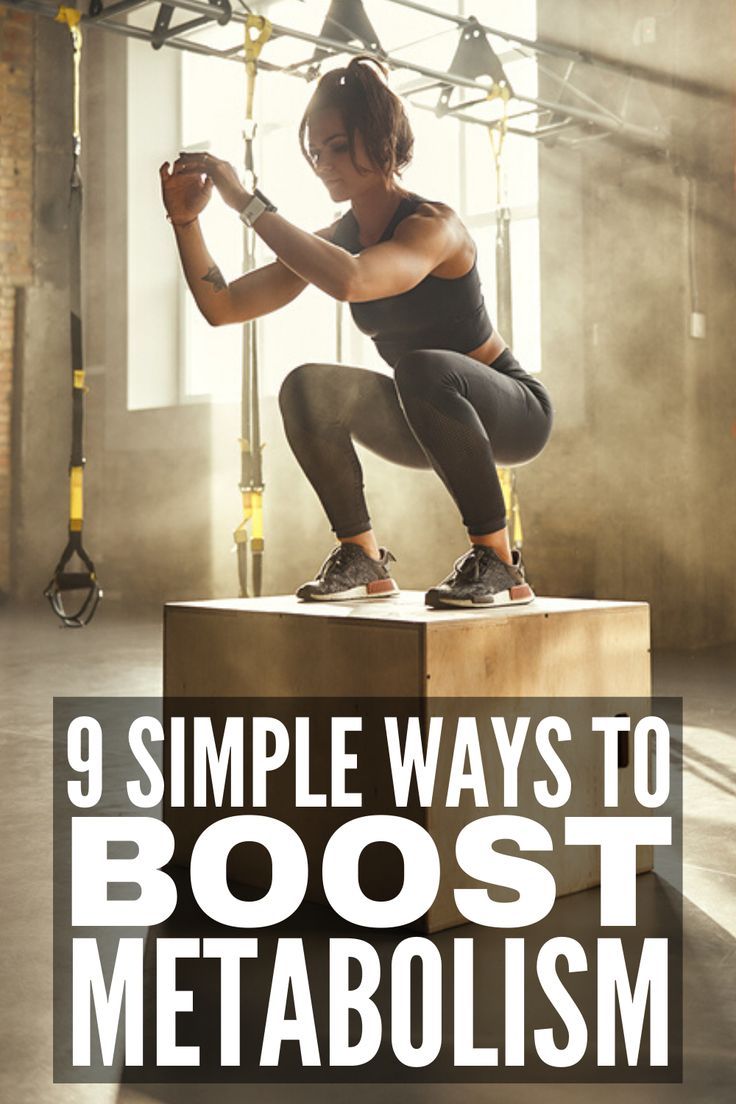 a woman squatting on top of a box with the words 9 simple ways to boost metabolism