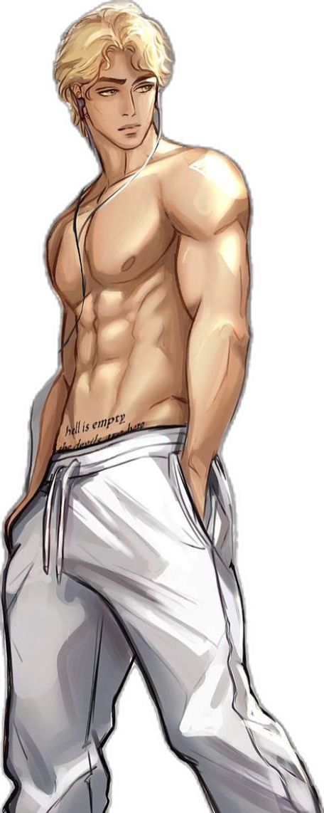 a drawing of a man with no shirt on and his hands in his pockets, wearing sweatpants