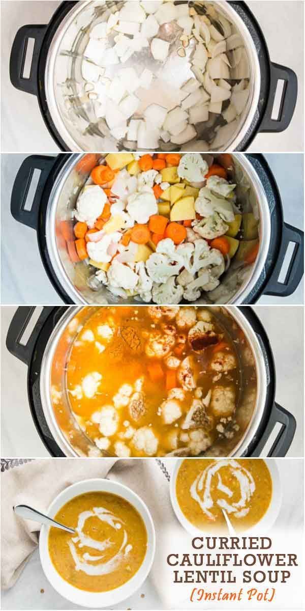 four different bowls filled with soup and vegetables in them, all labeled with the words currie lentil soup