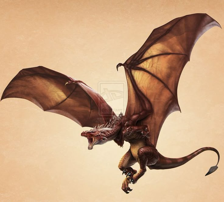 a brown dragon flying through the air with it's wings spread wide and outstretched