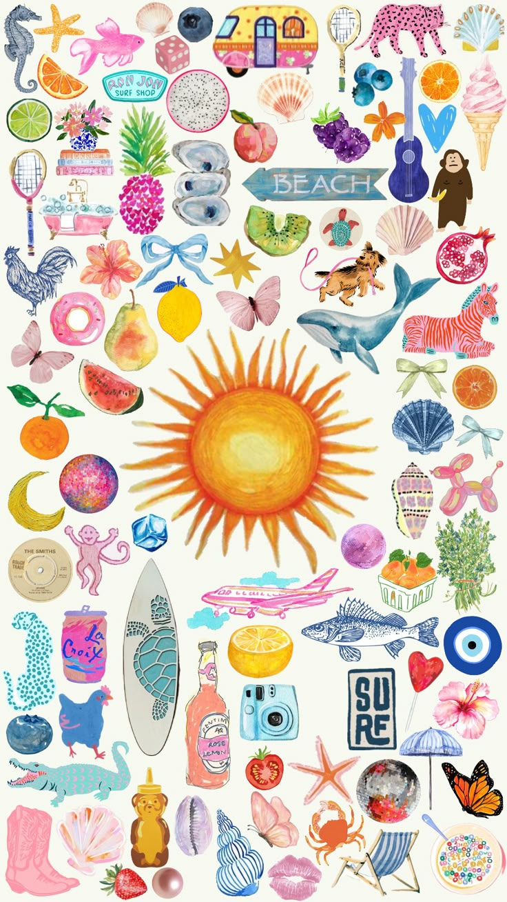 the sun surrounded by many different types of items and symbols on white paper with watercolor effect