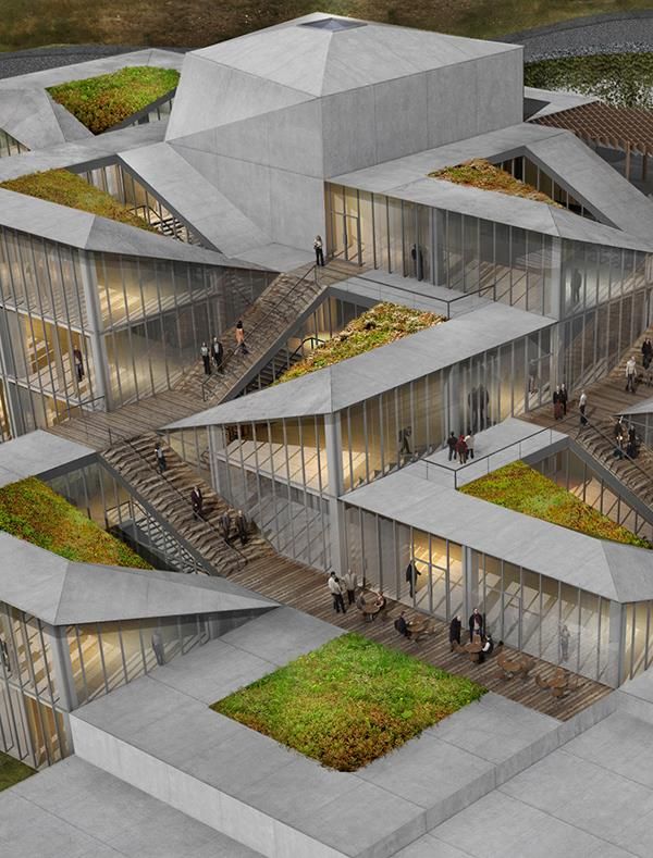 an aerial view of a building with stairs and people walking around the building, surrounded by green roofing