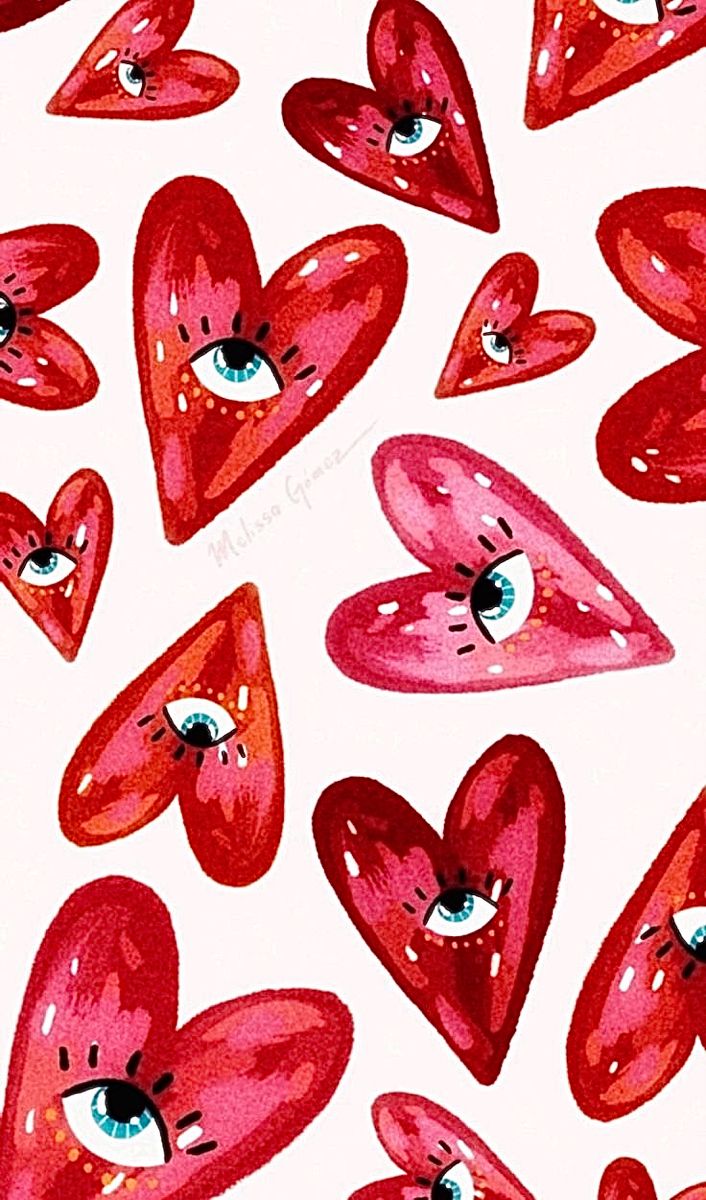 red hearts with eyeballs and eyelashes are on a white background that has blue eyes