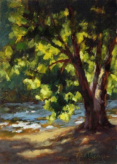 an oil painting of a tree by the water