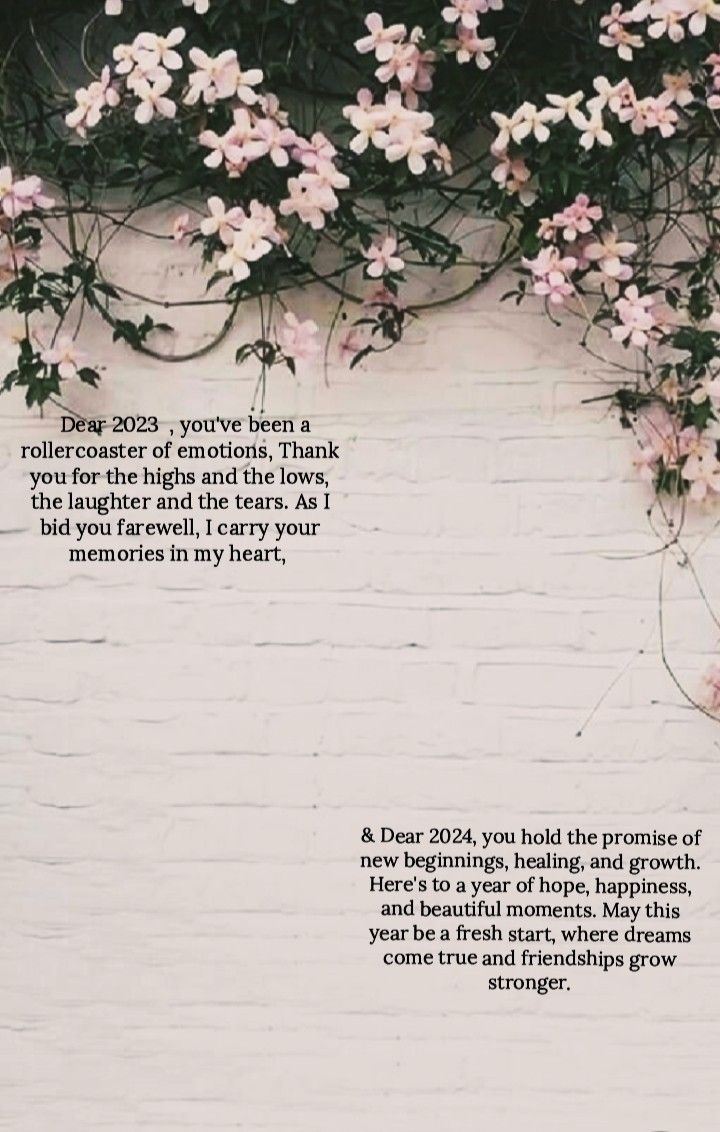 a white brick wall with pink flowers on it and a poem written in the center