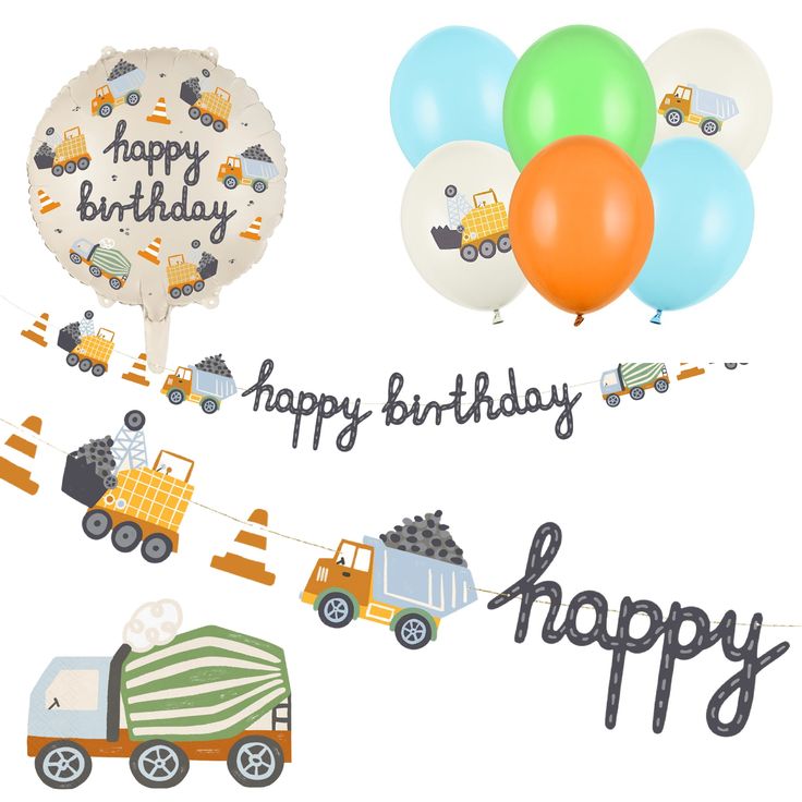 a happy birthday card with balloons and trucks