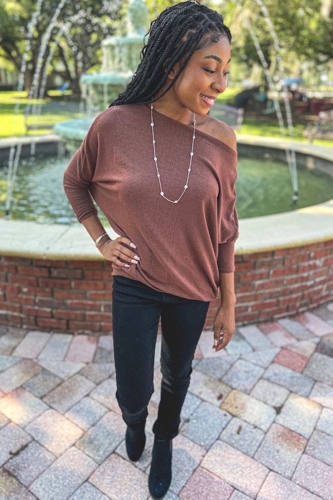 Off The Shoulder Dolman Sleeve Tunic Top | Sophie & Trey Chic Oversized Fall Tops, Trendy Brown Tops For Fall, Casual Brown Tops For Fall, Chic Slouchy Tops For Spring, Casual Slouchy Tops For Fall, Versatile Fall Tops For Day Out, Brown Tops For A Winter Day Out, Brown Tops For Day Out In Winter, Cute Trendy Dresses