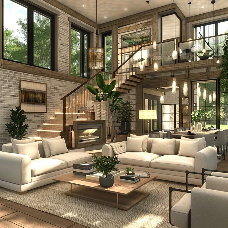 a living room filled with white furniture and lots of windows next to a fire place