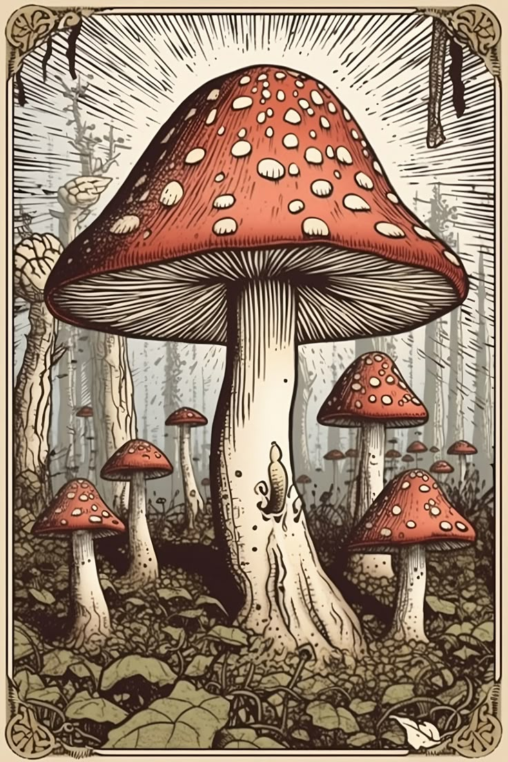 a drawing of mushrooms in the woods