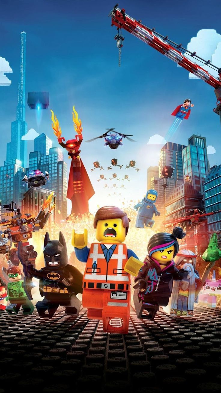 the lego movie poster with many characters in front of a cityscape and cranes